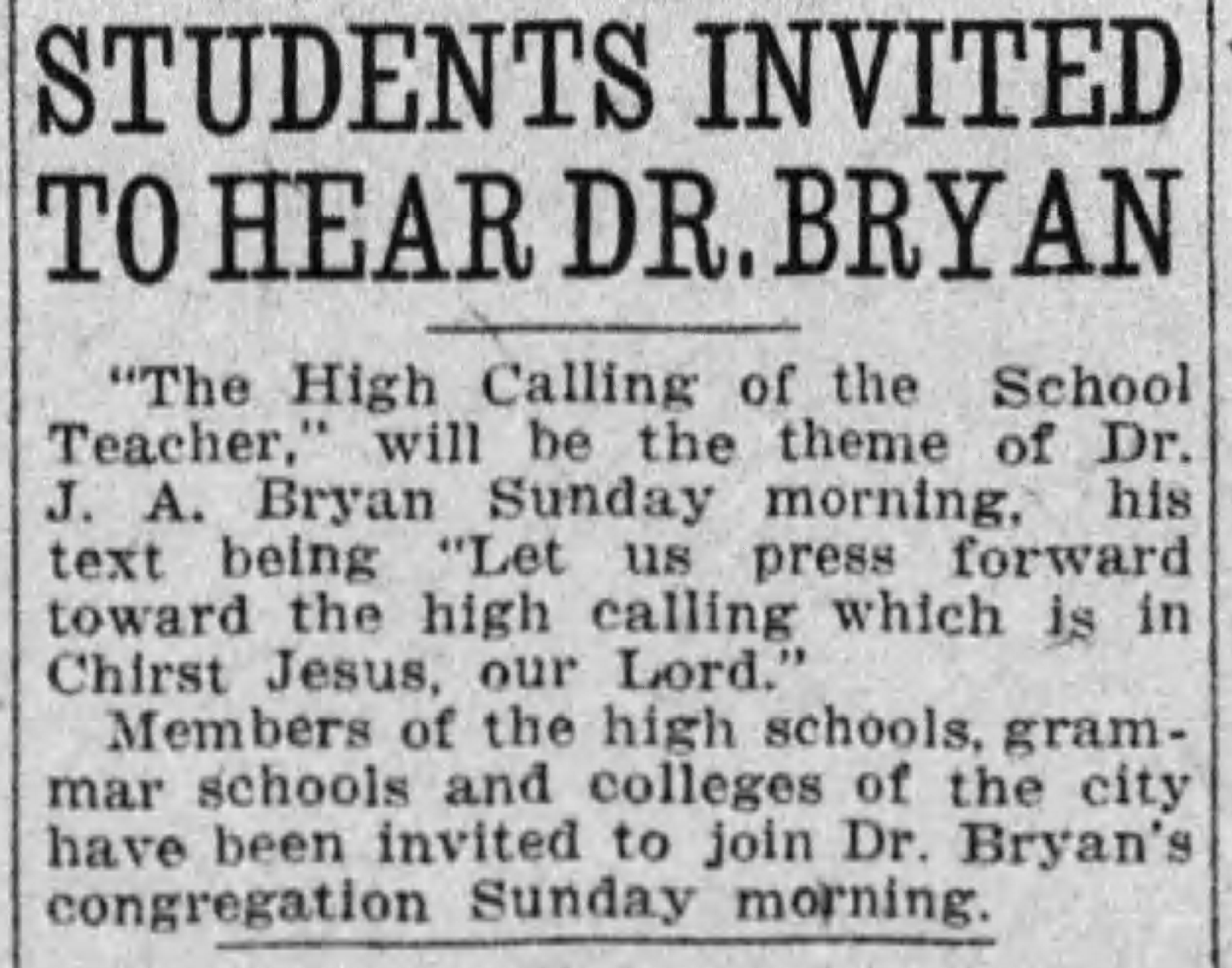 Students Invited To Hear Dr. Bryan